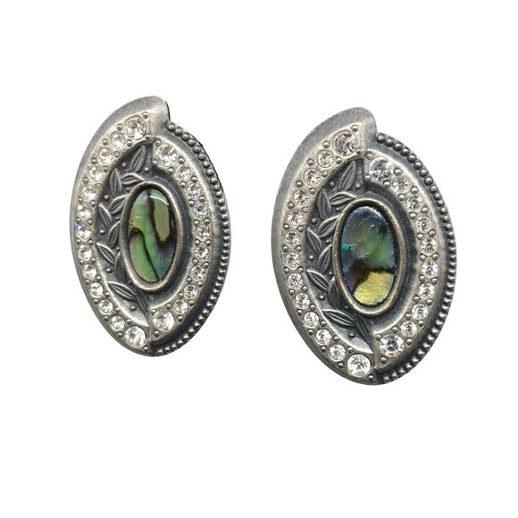NURI Signed Inlaid Abalone Crystal and Leaves Evil Eye Design Pewter Stud Earrin - Picture 6 of 6